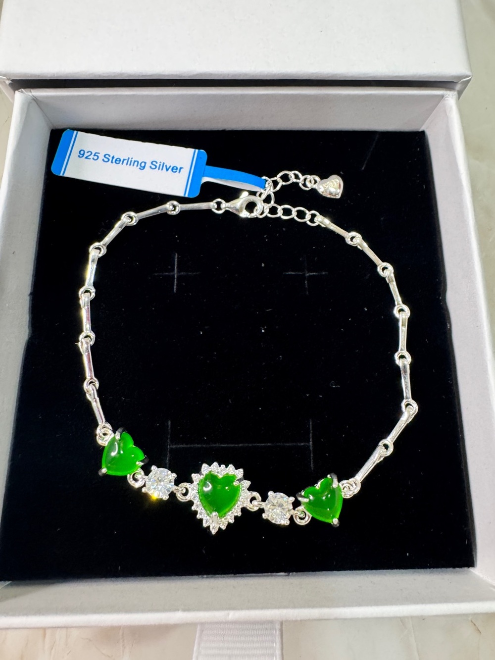 925 Sterling Silver Jade Green Heart Bracelet - 925 Sterling Silver